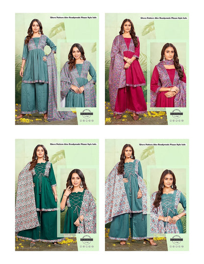 Ghera Pattern Aksr Gaji Silk Readymade Plazzo Style Suits Supplier India