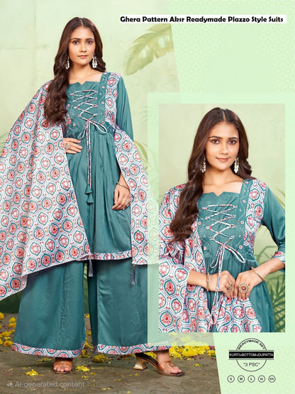 Ghera Pattern Aksr Gaji Silk Readymade Plazzo Style Suits Supplier India