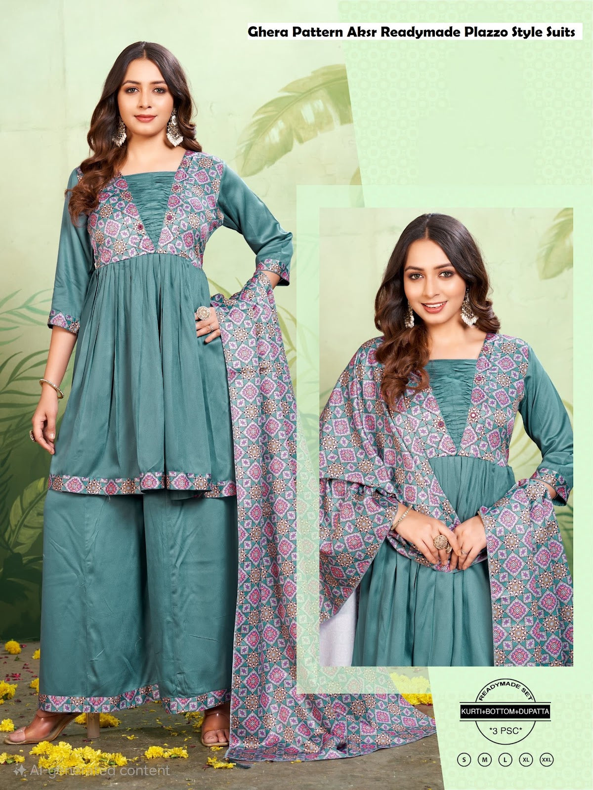 Ghera Pattern Aksr Gaji Silk Readymade Plazzo Style Suits Supplier India