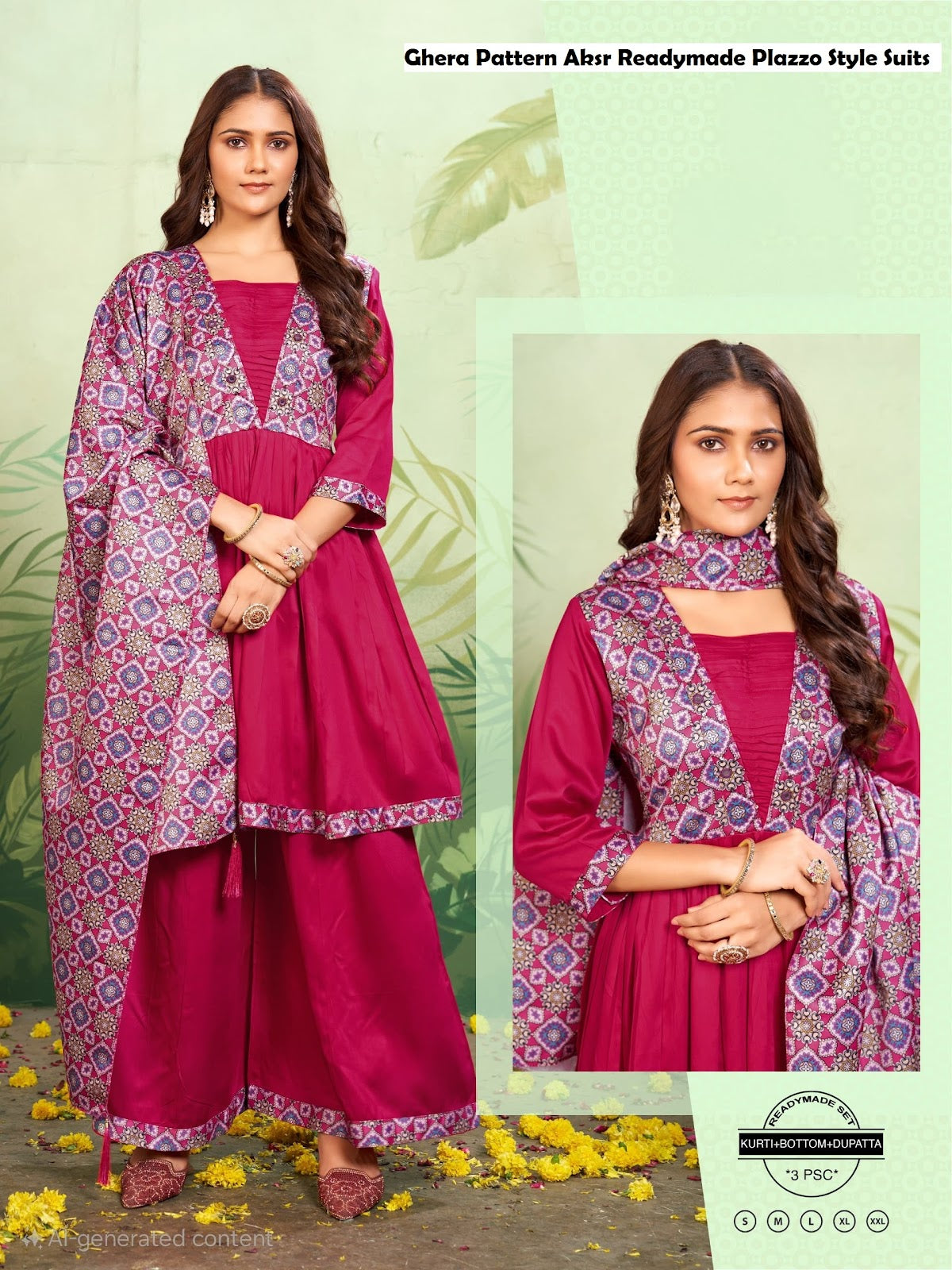 Ghera Pattern Aksr Gaji Silk Readymade Plazzo Style Suits Supplier India