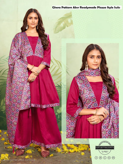 Ghera Pattern Aksr Gaji Silk Readymade Plazzo Style Suits Supplier India