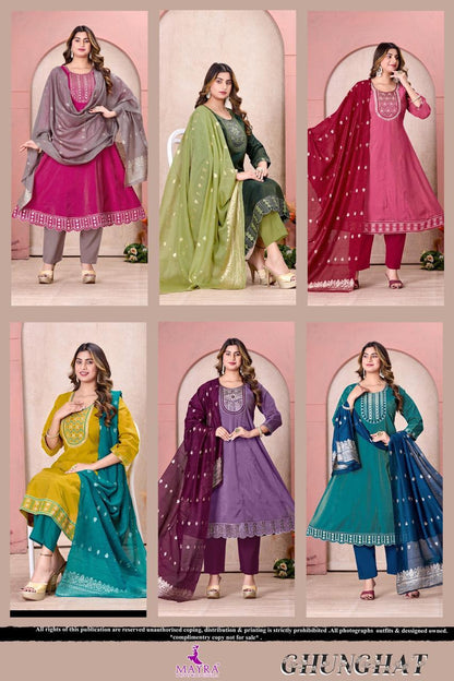 Ghunghat Mayra Roman Silk Readymade Anarkali Suits Wholesaler Ahmedabad