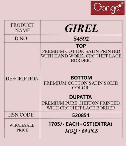 Girel 4592 Ganga Cotton Satin Pant Style Suits Exporter Ahmedabad