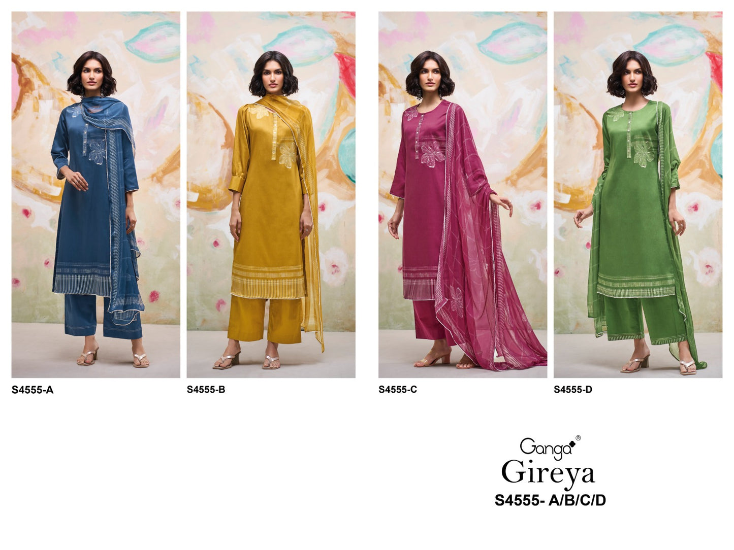Gireya 4555 Ganga Cotton Satin Pant Style Suits Wholesale