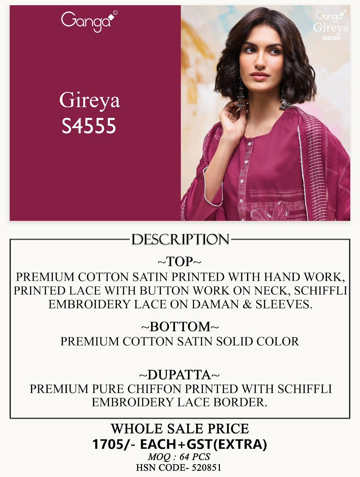 Gireya 4555 Ganga Cotton Satin Pant Style Suits Wholesale