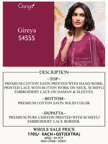 Gireya 4555 Ganga Cotton Satin Pant Style Suits Wholesale
