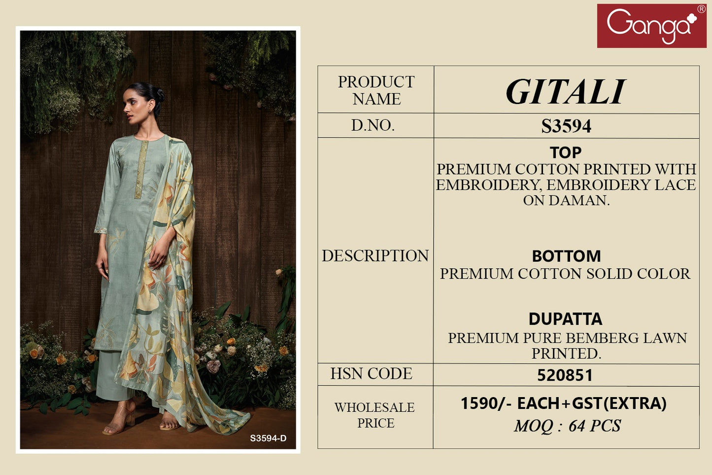 Gitali 3594 Ganga Premium Cotton Plazzo Style Suits Wholesaler Ahmedabad