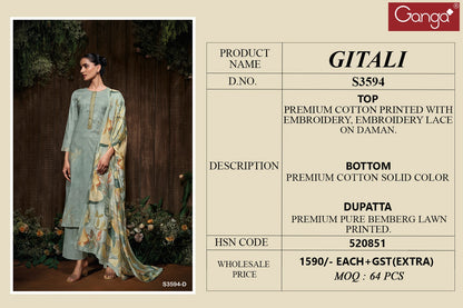 Gitali 3594 Ganga Premium Cotton Plazzo Style Suits Wholesaler Ahmedabad