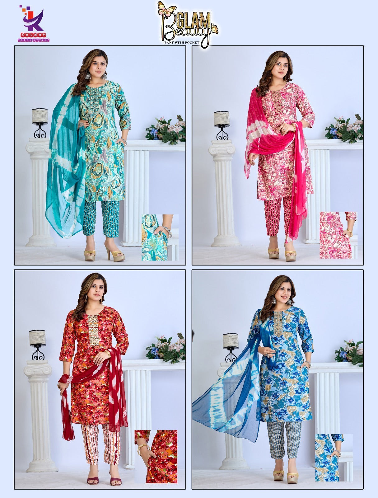 Glam Beauty Mlm Kalash Lifestyle Rayon 14Kg Readymade Pant Style Suits Manufacturer India