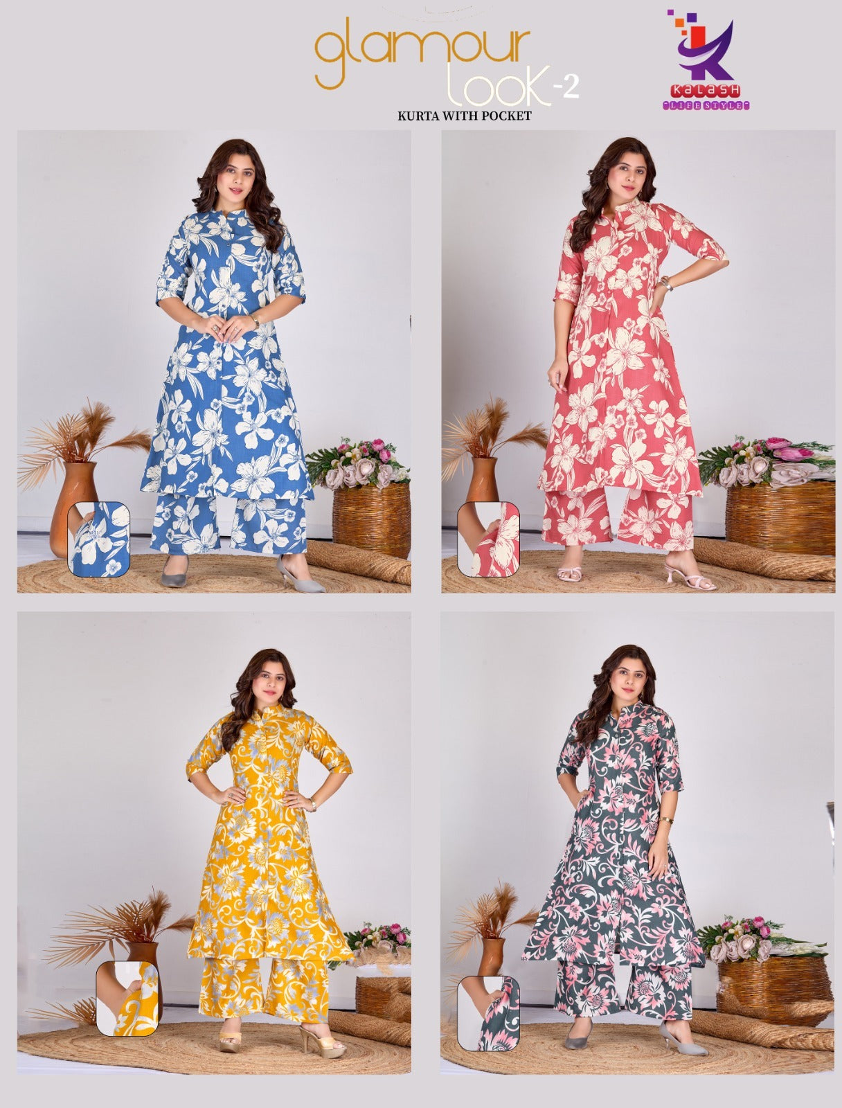 Glamour Look 2 Mlm Kalash Lifestyle Rayon 14Kg Kurti Plazzo Set Wholesaler