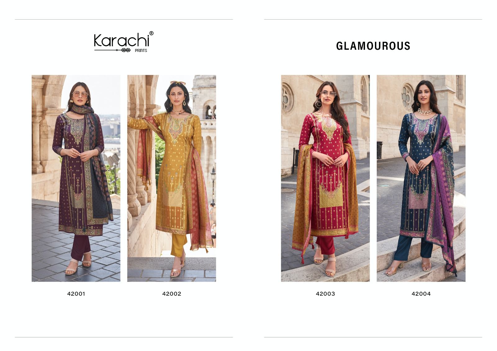 Glamourous Karachi Prints Jam Satin Pant Style Suits Manufacturer Ahmedabad