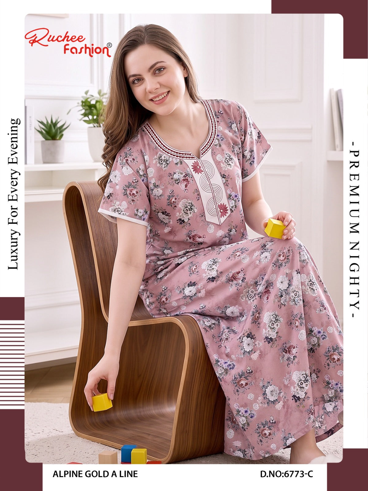 Gold A-Line 0607 Ruchee Fashion Alpine Night Gowns Manufacturer Ahmedabad