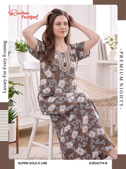 Gold A-Line 0607 Ruchee Fashion Alpine Night Gowns Manufacturer Ahmedabad
