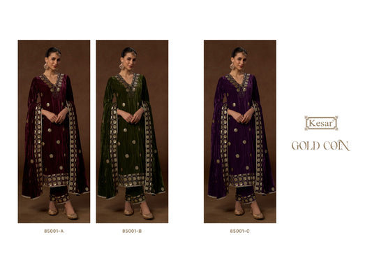 Gold Coin 85001 Kesar Crush Velvet Suits Wholesale Rate