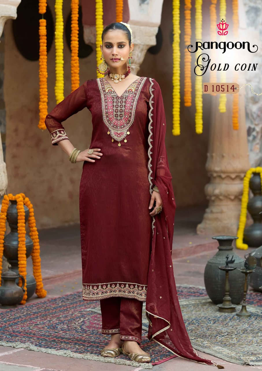Gold Coin Rangoon Diamond Silk Readymade Pant Style Suits Supplier Ahmedabad