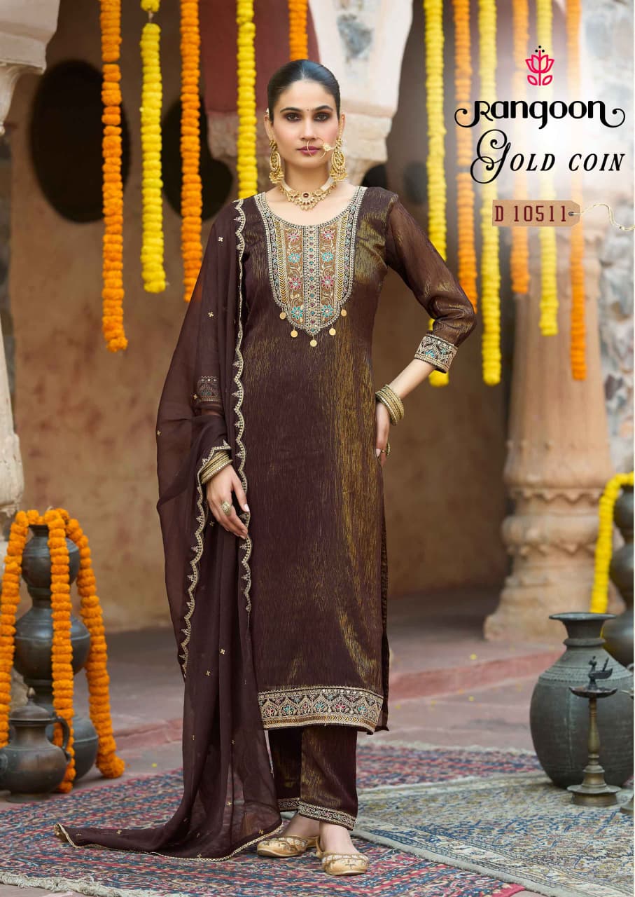 Gold Coin Rangoon Diamond Silk Readymade Pant Style Suits Supplier Ahmedabad