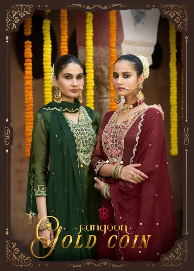 Gold Coin Rangoon Diamond Silk Readymade Pant Style Suits Supplier Ahmedabad