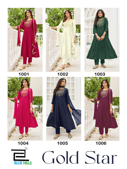 Gold Star Blue Hills Rayon 14Kg Readymade Anarkali Suits Wholesale
