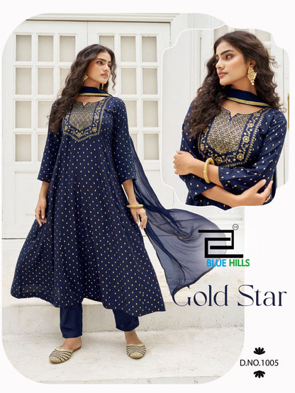 Gold Star Blue Hills Rayon 14Kg Readymade Anarkali Suits Wholesale