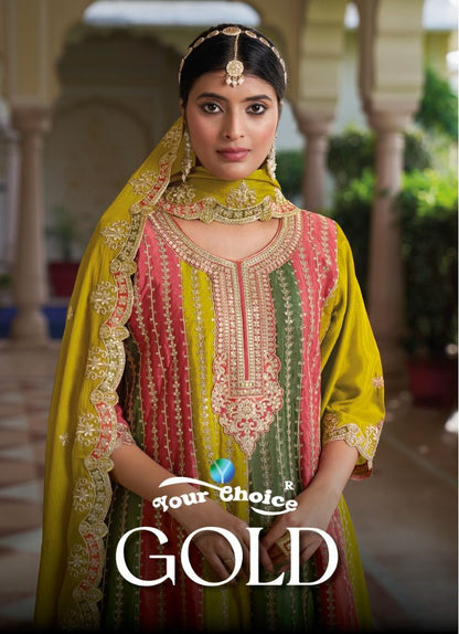 Gold Your Choice Chinnon Pakistani Readymade Suits Supplier