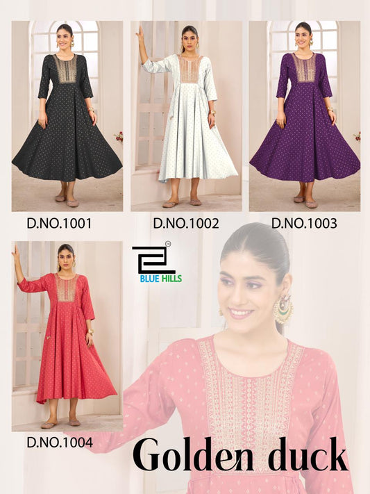 Golden Duck Blue Hills Rayon 14Kg Anarkali Kurtis Wholesaler India