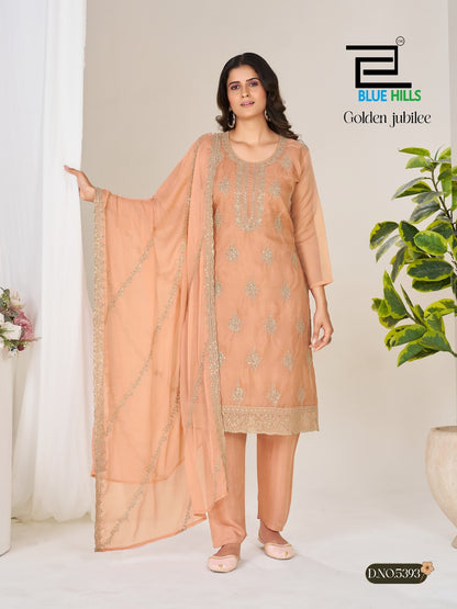 Golden Jubilee Blue Hills Organza Readymade Pant Style Suits Wholesale Rate