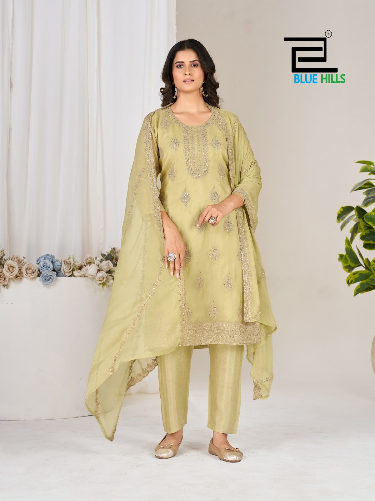 Golden Jubilee Blue Hills Organza Readymade Pant Style Suits Wholesale Rate