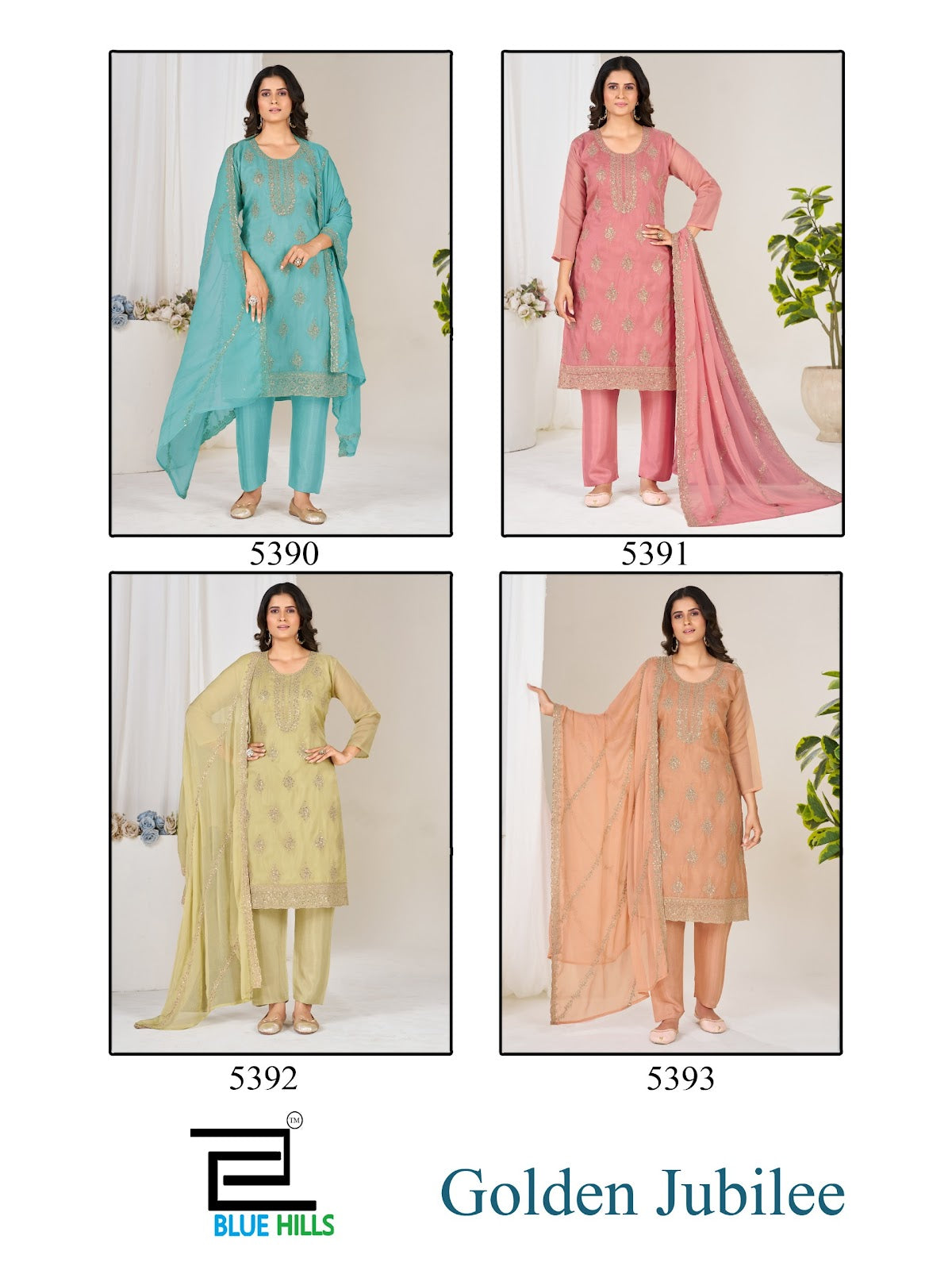 Golden Jubilee Blue Hills Organza Readymade Pant Style Suits Wholesale Rate