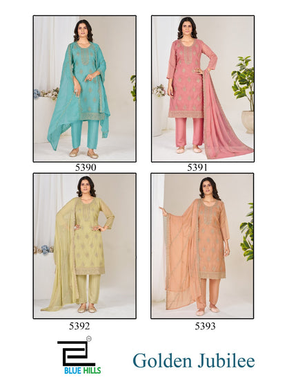 Golden Jubilee Blue Hills Organza Readymade Pant Style Suits Wholesale Rate