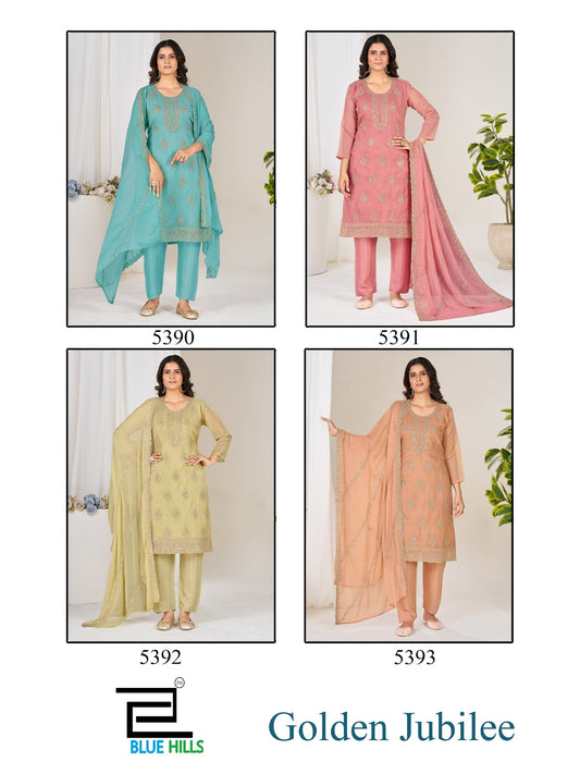Golden Jubilee Blue Hills Organza Readymade Pant Style Suits Wholesale Rate