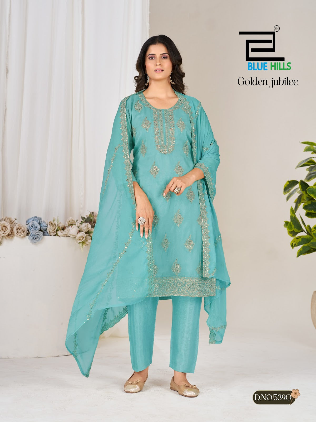 Golden Jubilee Blue Hills Organza Readymade Pant Style Suits Wholesale Rate