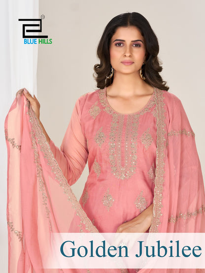 Golden Jubilee Blue Hills Organza Readymade Pant Style Suits Wholesale Rate