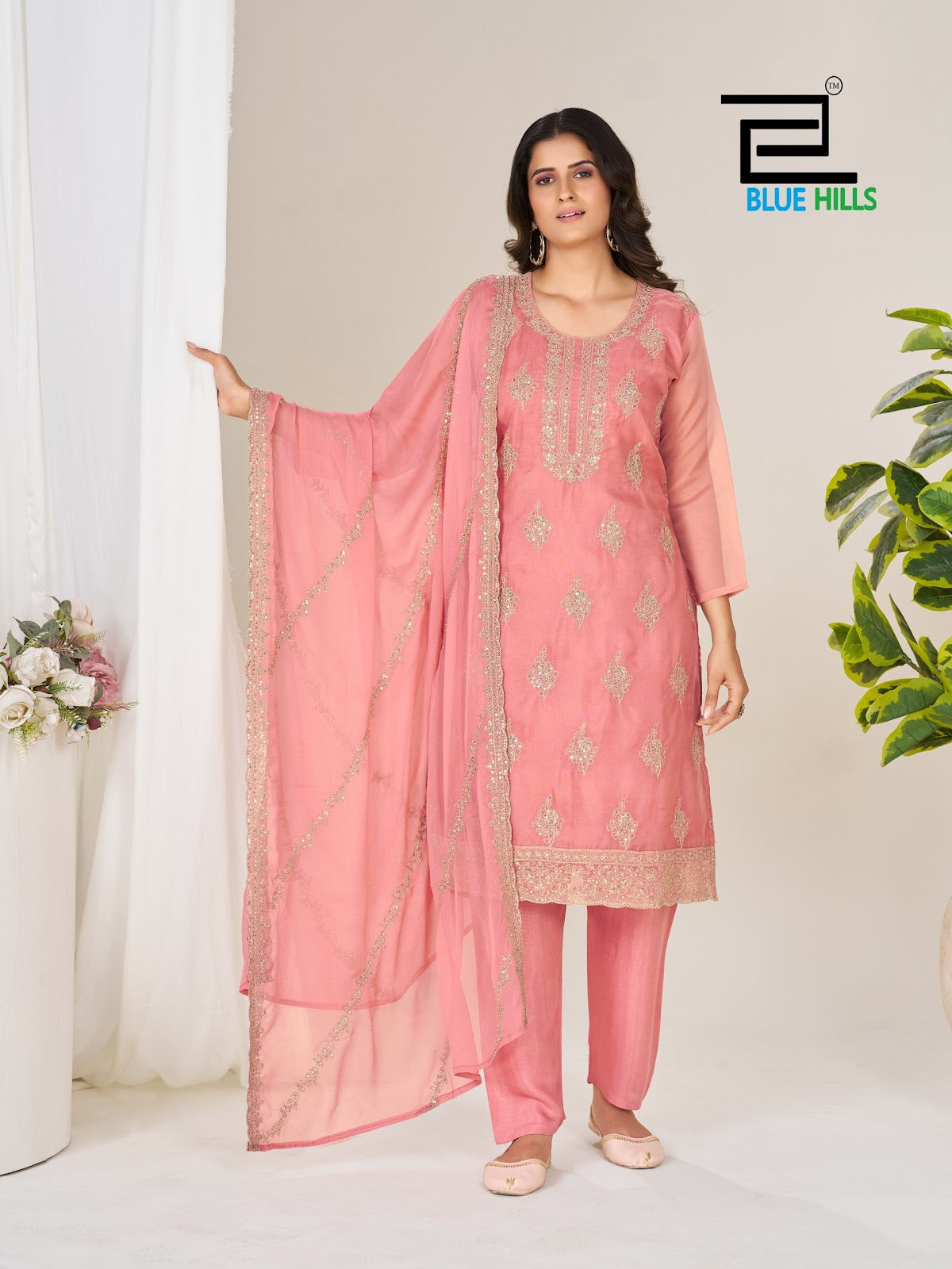 Golden Jubilee Blue Hills Organza Readymade Pant Style Suits Wholesale Rate