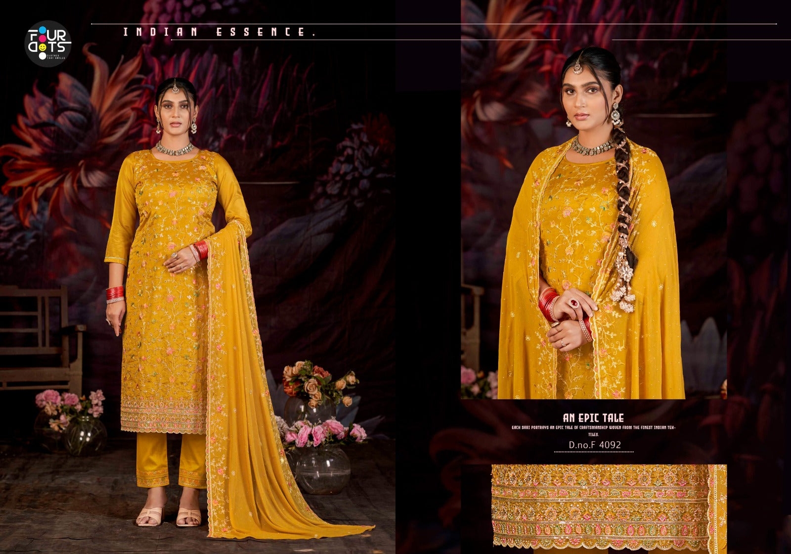 Golden Pearl Four Dots Organza Pant Style Suits Wholesale Price