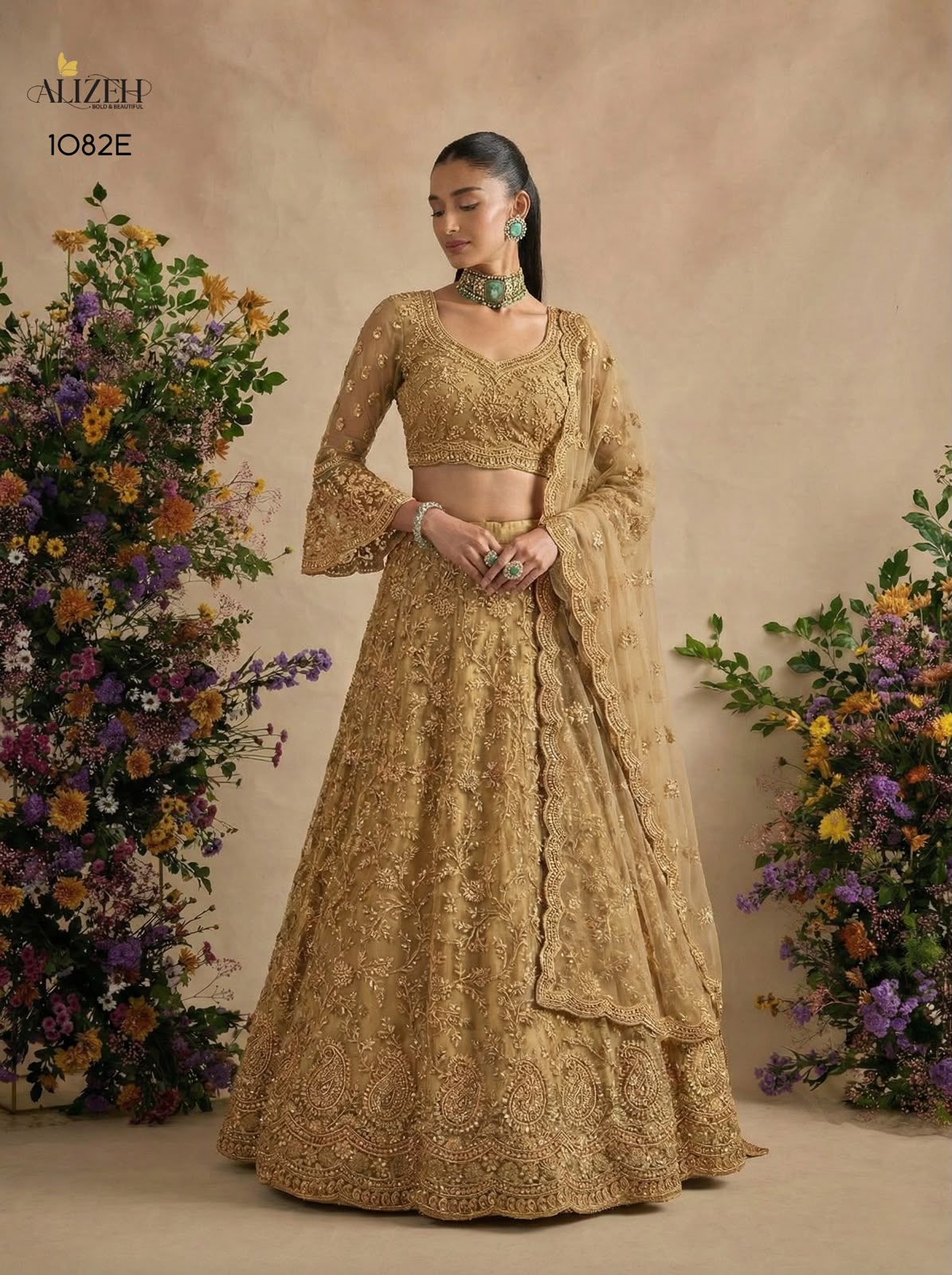 Golden Special Alizeh Butterfly Net Lehenga Choli Wholesaler India