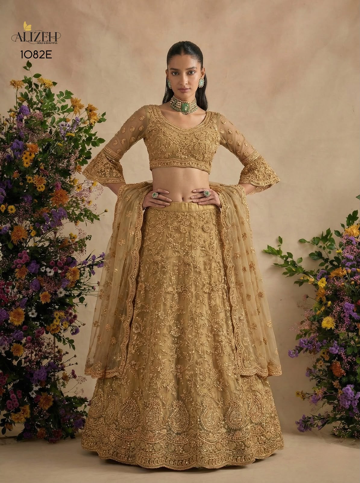 Golden Special Alizeh Butterfly Net Lehenga Choli Wholesaler India