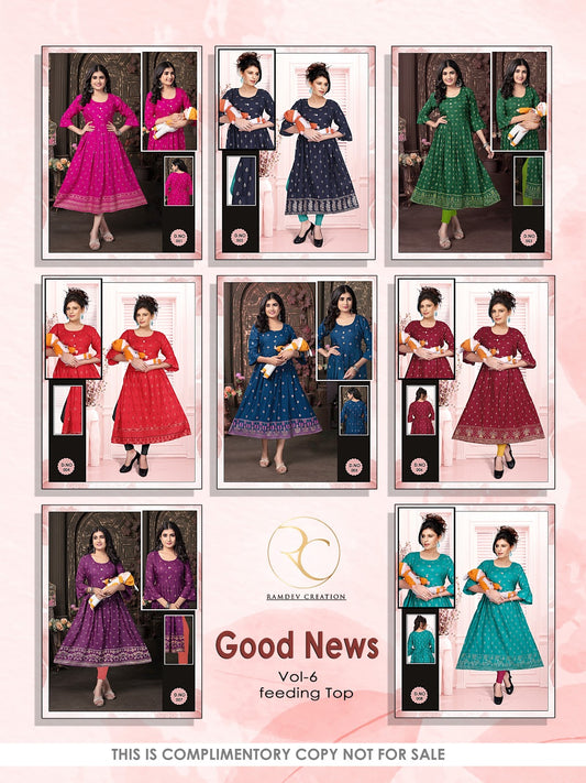 Good News Vol 6 Ramdev Creation Rayon 14Kg Feeding Kurtis Wholesale Price