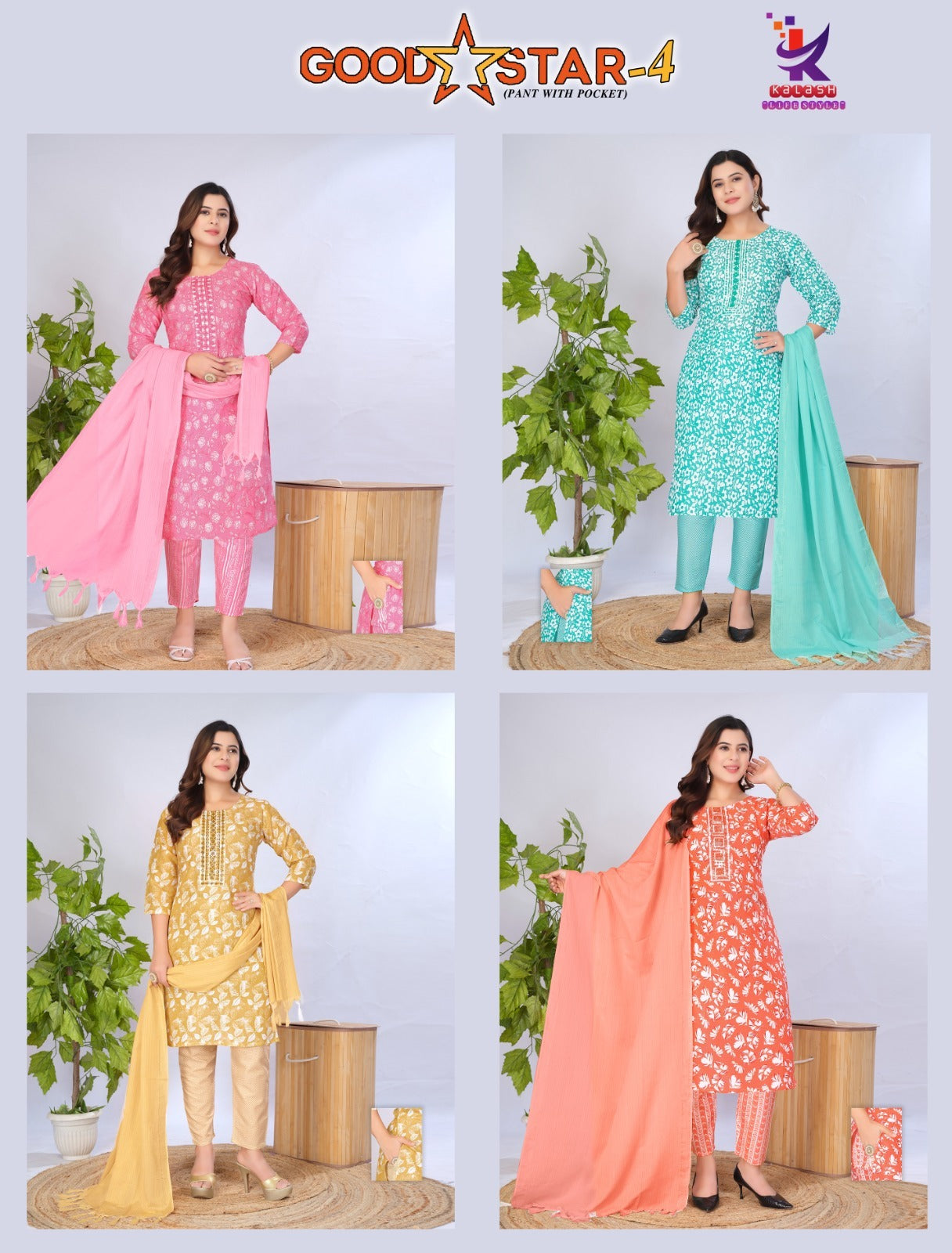 Good Star 4 Mlm Kalash Lifestyle Two Tone Rayon Readymade Pant Style Suits Wholesale