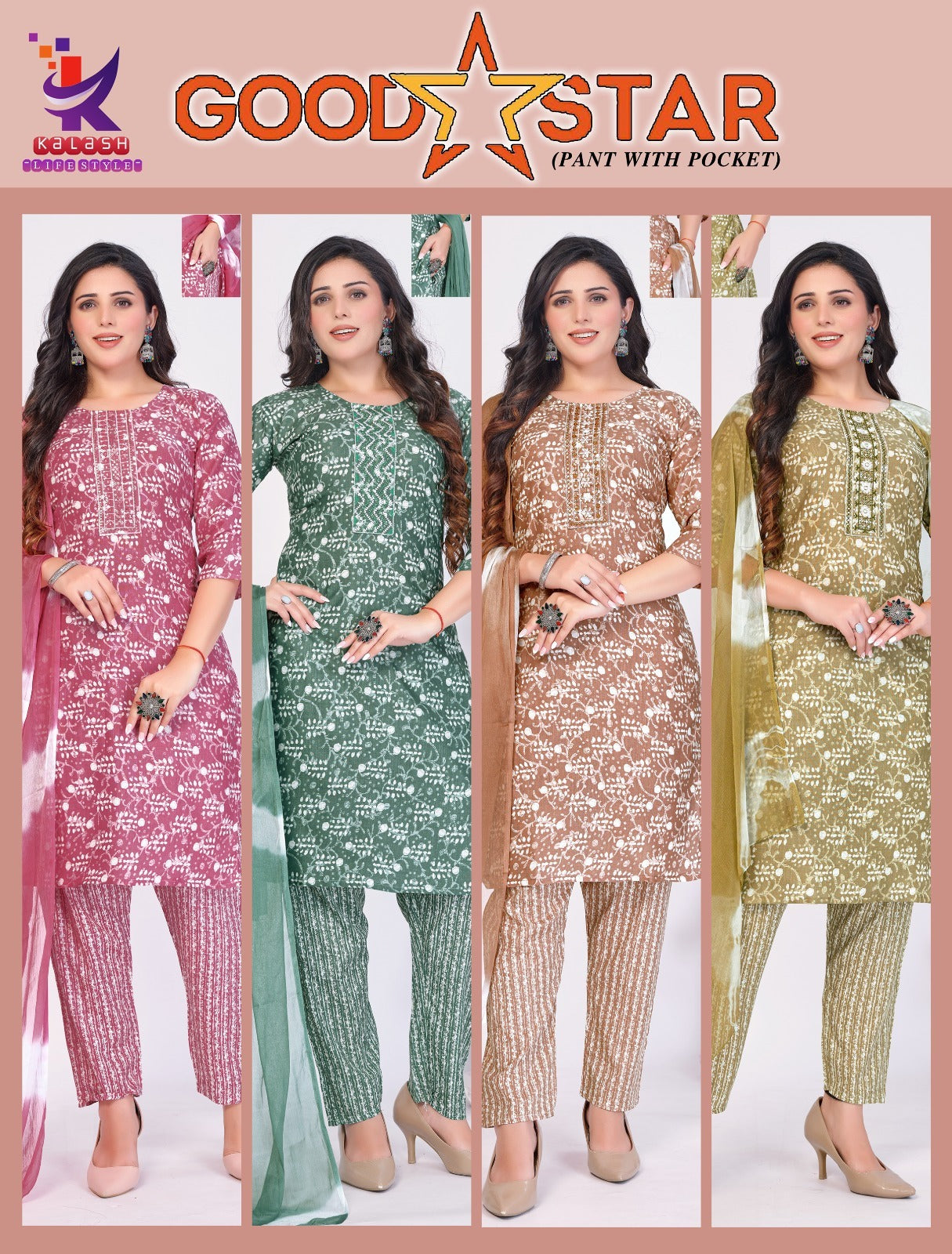 Good Star Mlm Kalash Lifestyle Rayon Slub Readymade Pant Style Suits Wholesaler Ahmedabad