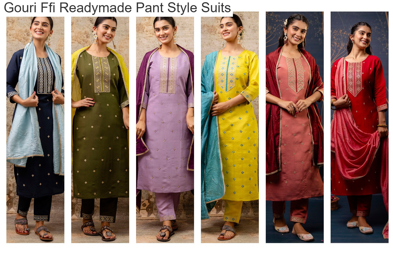Gouri Ffi Roman Silk Readymade Pant Style Suits Supplier India