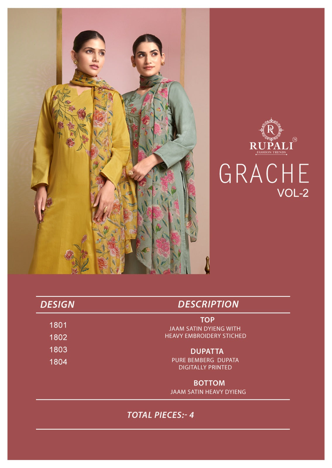 Grache Vol 2 Rupali Jaam Satin Pant Style Suits Supplier