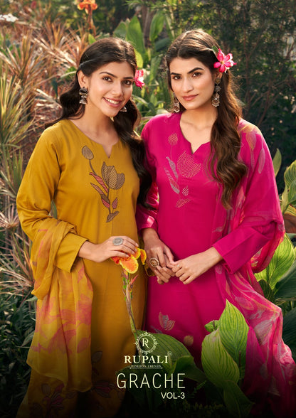 Grache Vol 3 Rupali Jaam Satin Pant Style Suits Wholesaler Gujarat