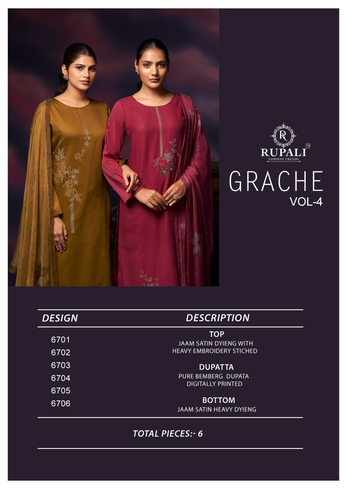 Grache Vol 4 Rupali Jaam Satin Pant Style Suits Supplier Gujarat