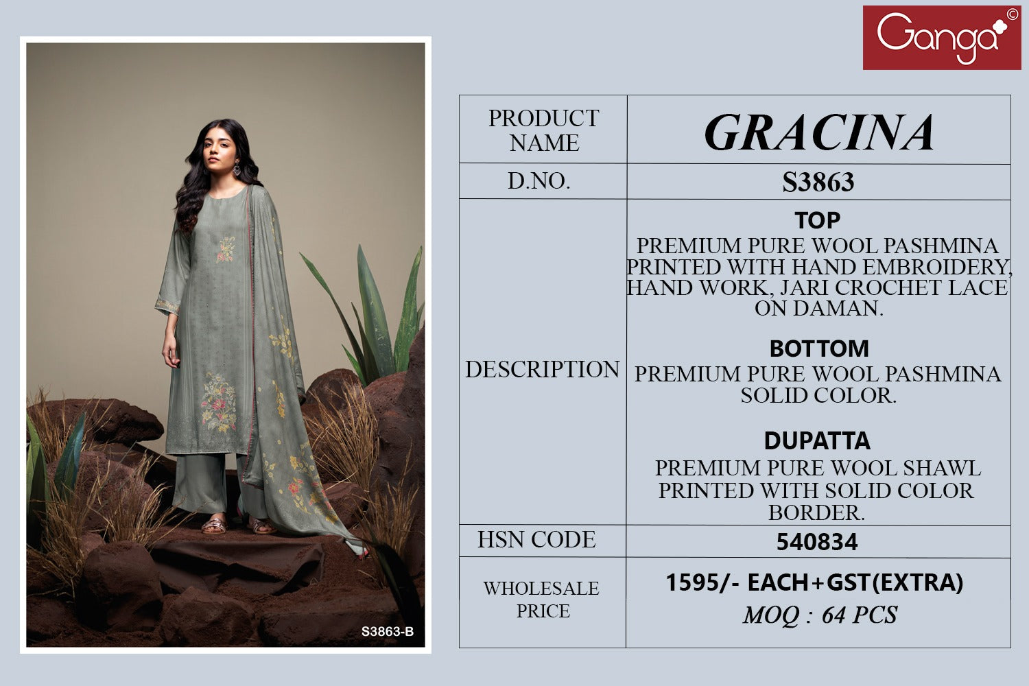 Gracina 3863 Ganga Pashmina Suits Wholesaler