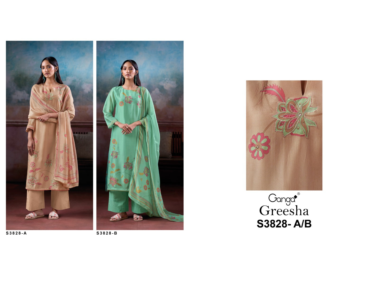 Greesha 3828 Ganga Premium Bemberg Plazzo Style Suits Supplier Gujarat