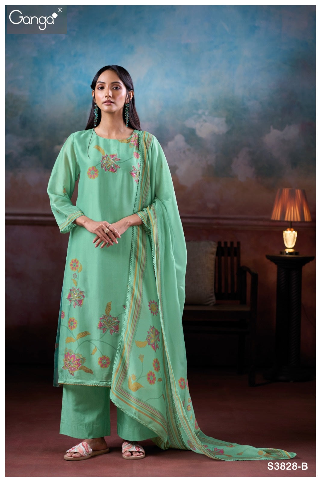 Greesha 3828 Ganga Premium Bemberg Plazzo Style Suits Supplier Gujarat