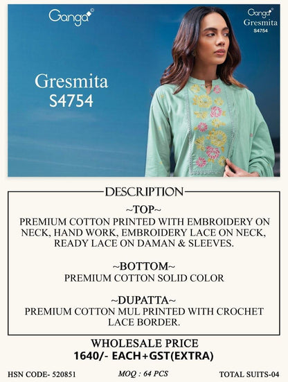 Gresmita S4754 Ganga Cotton Plazzo Style Suits Wholesale Rate