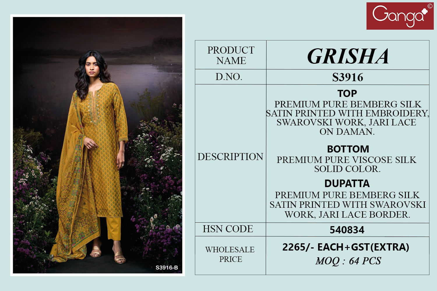 Grisha 3916 Ganga Bemberg Silk Plazzo Style Suits Exporter