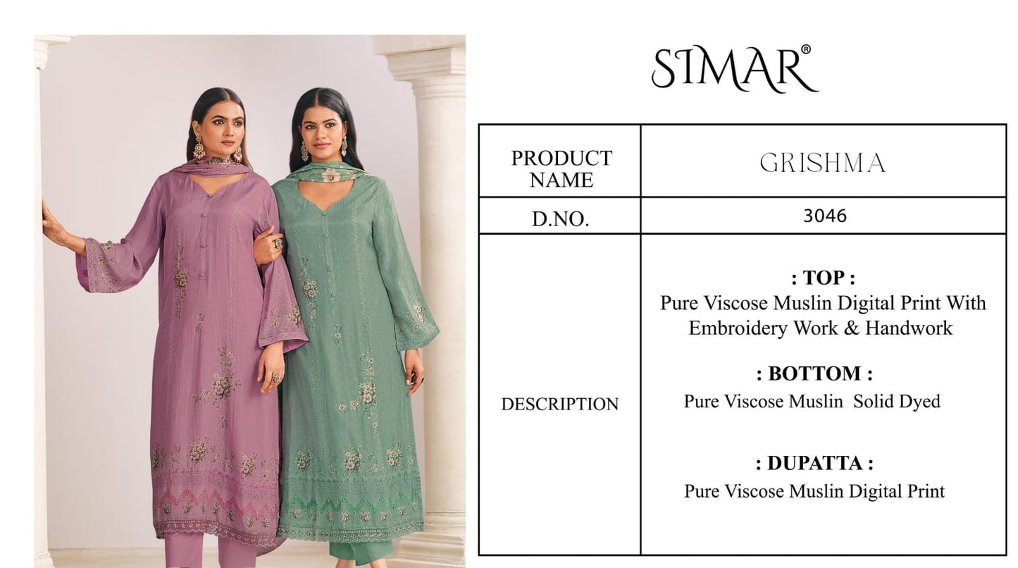 Grishma 3046 Simar Glossy Viscose Muslin Plazzo Style Suits Supplier Ahmedabad