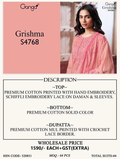 Grishma 4768 Ganga Cotton Plazzo Style Suits Wholesale Rate